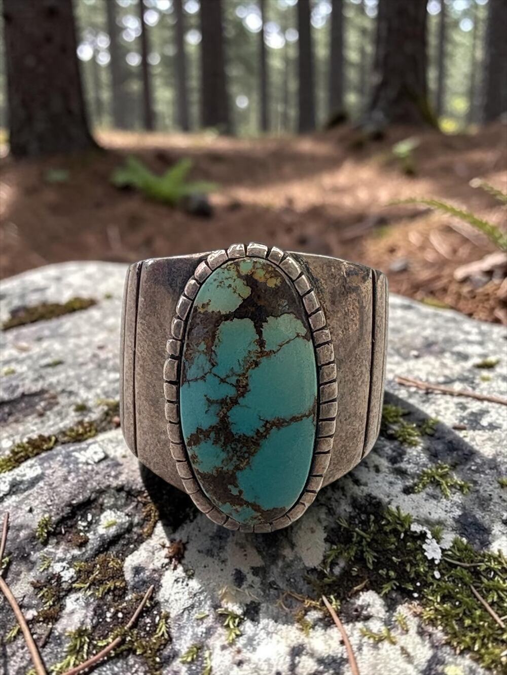 Vintage Kingdom silver turquoise oval statement ring serrated bezel and wide ban